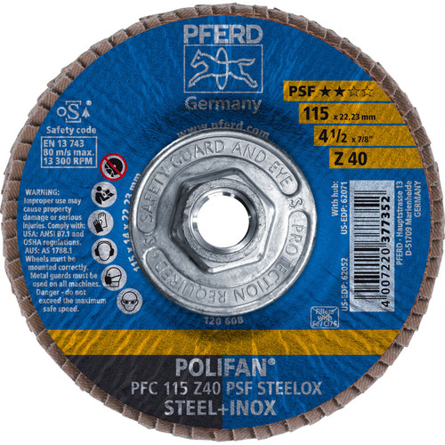 PFERD 62071 4-1/2" x 5/8-11 POLIFAN Flap Disc - Conical PSF Zirconia 40G