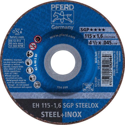 PFERD 63172  - 4-1/2" x .04 - 5" Cut-Off Wheel, 7/8" AH A 46 S SGP-INOX - Type 27