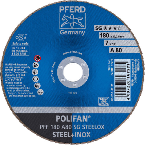 PFERD 62172 7" x 7/8" POLIFAN Flap Disc - Flat SG Aluminum Oxide 80G
