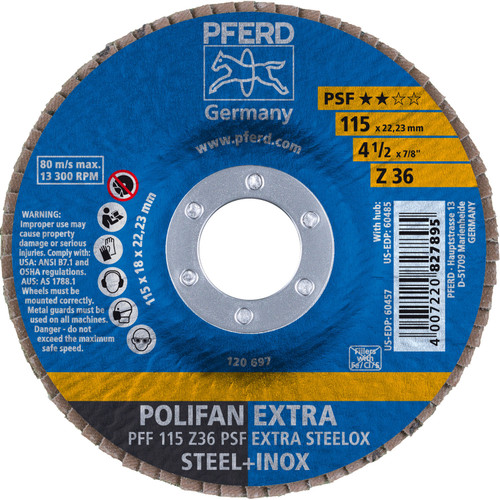 PFERD 60457 4-1/2" x 7/8" POLIFAN Flap Disc - Flat PSF-EXTRA Zirconia 36G
