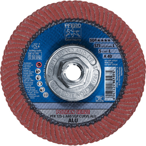 PFERD 67676 5" x 5/8-11 POLIFAN CURVE Flap Disc SGP-ALU for Aluminum 40G Large Radius