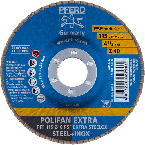 PFERD 60458 4-1/2" x 7/8" POLIFAN Flap Disc - Flat PSF-EXTRA Zirconia 40G