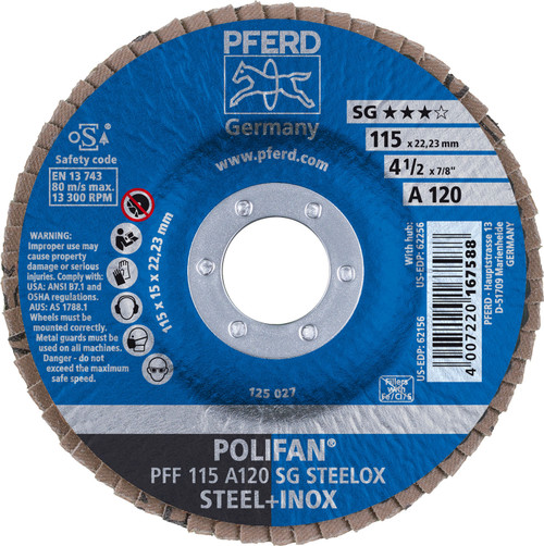 PFERD 62156 4-1/2" x 7/8" POLIFAN Flap Disc - Flat SG Aluminum Oxide 120G