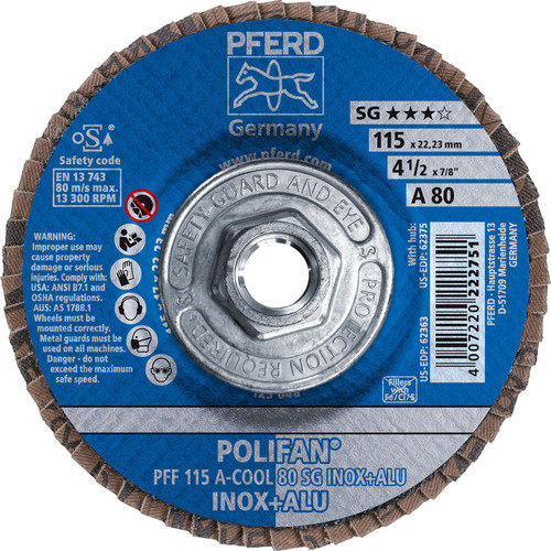 PFERD 62375 4-1/2" x 5/8-11 POLIFAN Flap Disc - Flat SG Aluminum Oxide COOL 80G