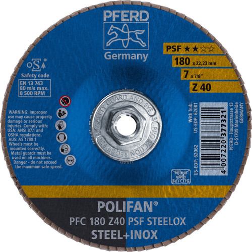 PFERD 62081 7" x 5/8-11 POLIFAN Flap Disc - Conical PSF Zirconia 40G