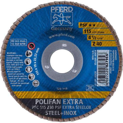 PFERD 60626 4-1/2" x 7/8" POLIFAN Flap Disc - Conical PSF-EXTRA Zirconia 40G