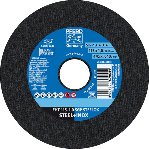 PFERD 69845  - 4-1/2" x .040" Cut-Off Wheel 7/8" AH A S SGP-INOX 60G Type 1