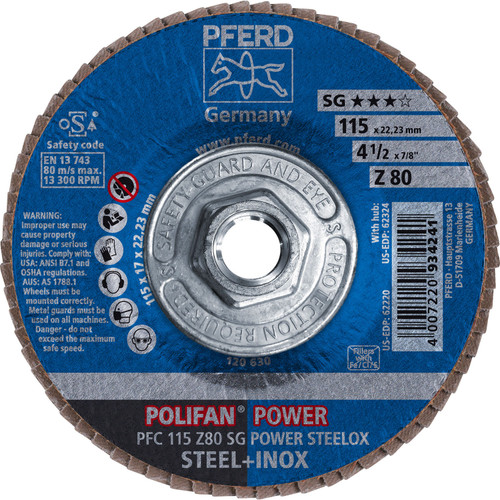 PFERD 62324 4-1/2" x 5/8-11 POLIFAN Flap Disc - Conical SG Zirconia 80G