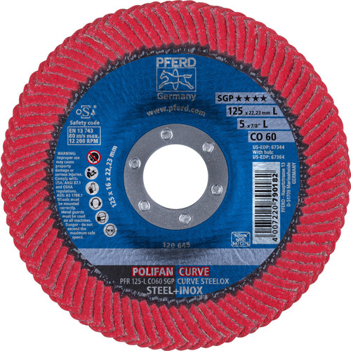 PFERD 67344 5" x 7/8" POLIFAN CURVE Flap Disc SGP Ceramic Oxide 60G Large Radius