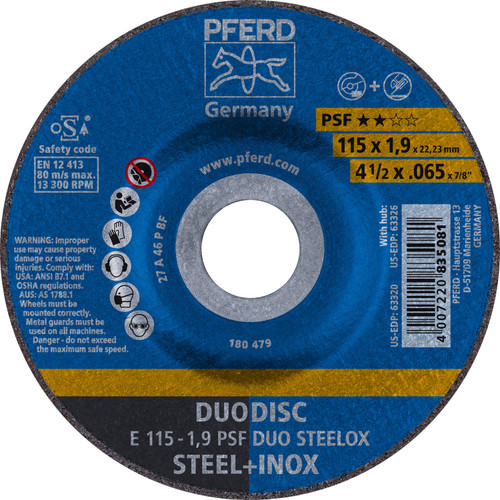 PFERD 63320 4-1/2" x .065" DUODISC Wheel 7/8" AH A 46 P PSF-INOX Type 27