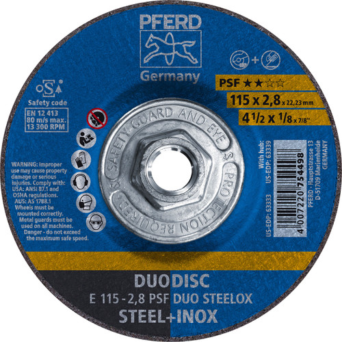 PFERD 63339 4-1/2" x 1/8" DUODISC Wheel 5/8-11 A 46 P PSF-INOX Type 27