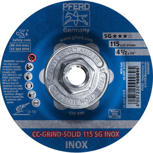 PFERD 61235 4-1/2" CC-GRIND-SOLID 5/8-11 Thread SG for STAINLESS / INOX