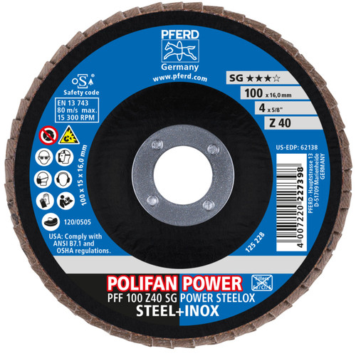 PFERD 62138 4" x 5/8" POLIFAN Flap Disc - Flat SG Zirconia 40G