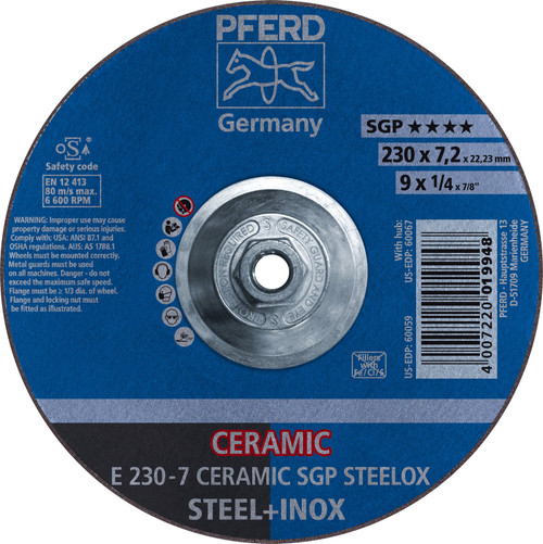 PFERD 60067 9" x 1/4" Grinding Wheel, 5/8-11 Thd. CO 24 Q SG, STEEL, STAINLESS, Type 27