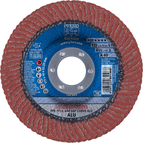 PFERD 67646 4-1/2" x 7/8" POLIFAN CURVE Flap Disc SGP-ALU for Alum. 40G Large Radius