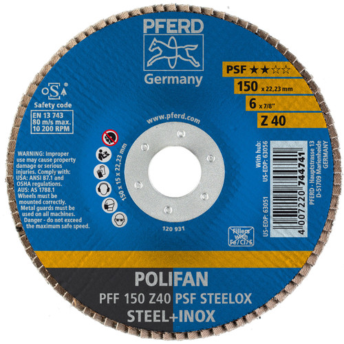 PFERD 63051 6" x 7/8" POLIFAN Flap Disc - Flat PSF Zirconia 40G