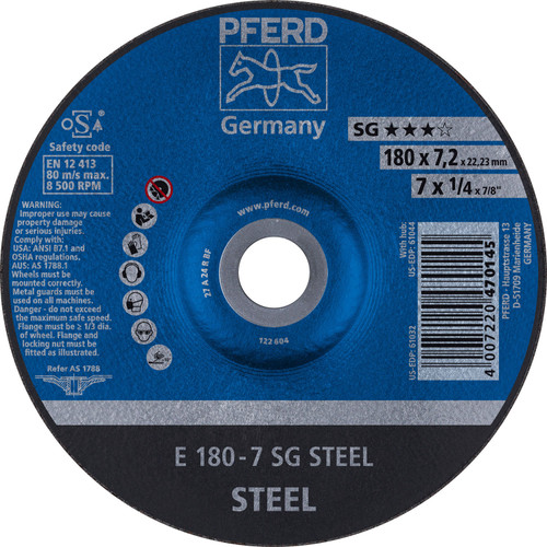 PFERD 61032 7" x 1/4" Grinding Wheel, 7/8" AH A 24 R SG - Type 27