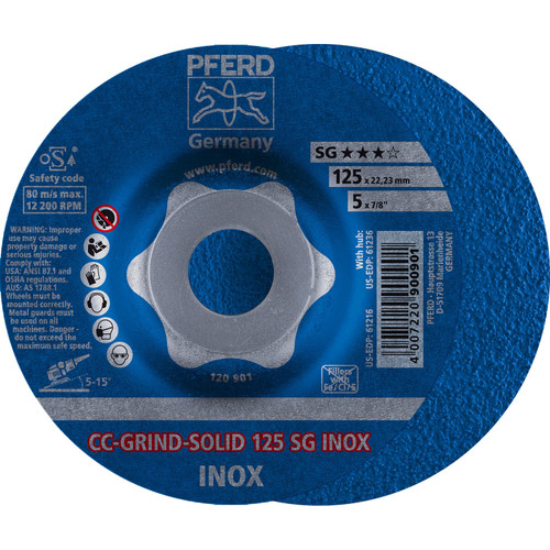 PFERD 61216 5" CC-GRIND-SOLID 7/8" A.H. - SG for STAINLESS / INOX
