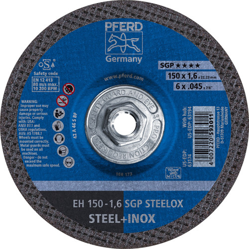 PFERD 63194  - 6" x .04 - 5" Cut-Off Wheel 5/8-11 A 46 S SGP-INOX Type 27