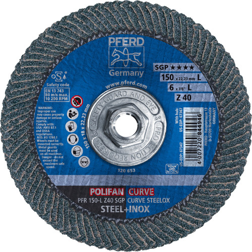 PFERD 67367 6" x 5/8-11 POLIFAN CURVE Flap Disc SGP Zirconia 40G Large Radius