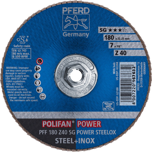 PFERD 62288 7" x 5/8-11 POLIFAN Flap Disc - Flat SG Zirconia 40G