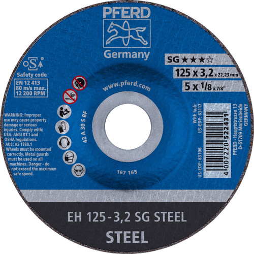 PFERD 63106 5" x 1/8" Cut-Off Wheel, 7/8" AH A 30 S SG - Type 27