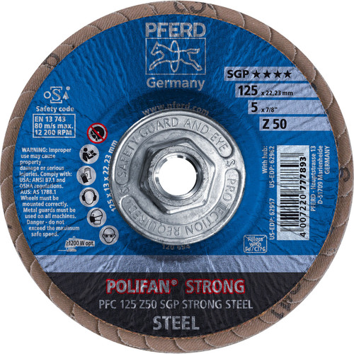 PFERD 62962 5" x 5/8-11 POLIFAN-STRONG Flap Disc SGP Conical Zirconia 50G