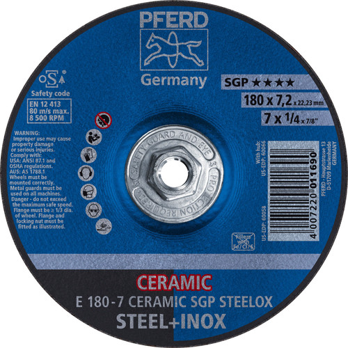 PFERD 60066 7" x 1/4" Grinding Wheel, 5/8-11 Thd. CO 24 Q SG, STEEL, STAINLESS, Type 27