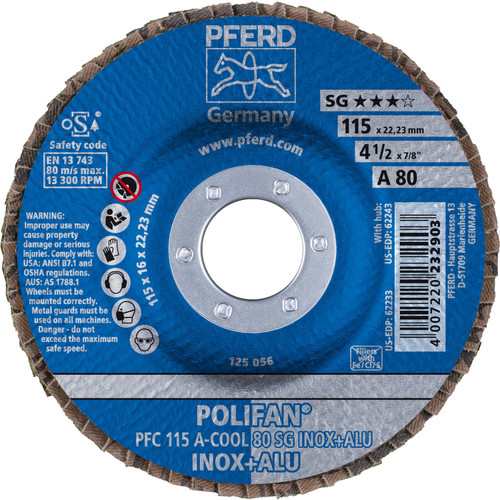 PFERD 62233 4-1/2" x 7/8" POLIFAN Flap Disc - Conical SG Aluminum Oxide COOL 80G
