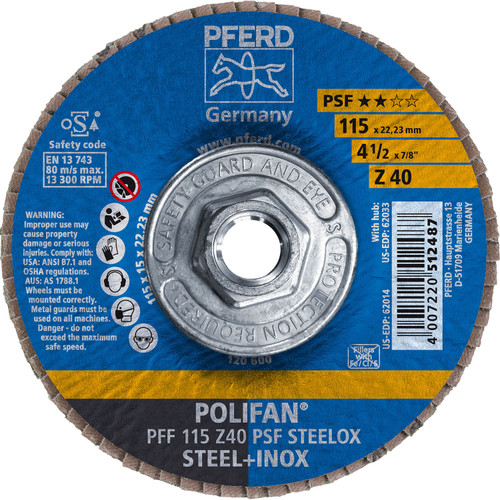PFERD 62033 4-1/2" x 5/8-11 POLIFAN Flap Disc - Flat PSF Zirconia 40G