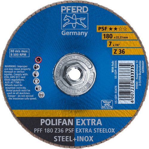 PFERD 60506 7" x 5/8-11 POLIFAN Flap Disc - Flat PSF-EXTRA Zirconia 36G