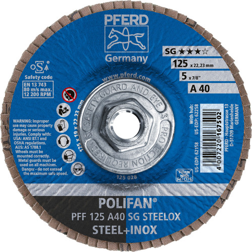 PFERD 62258 - 5" x 5/8-11 POLIFAN Flap Disc - Flat SG Aluminum Oxide 40G