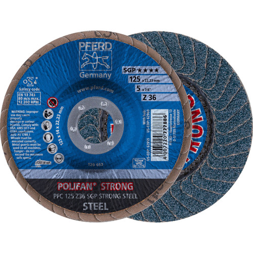 PFERD 62955 5" x 7/8" POLIFAN-STRONG Flap Disc SGP Conical Zirconia 36G