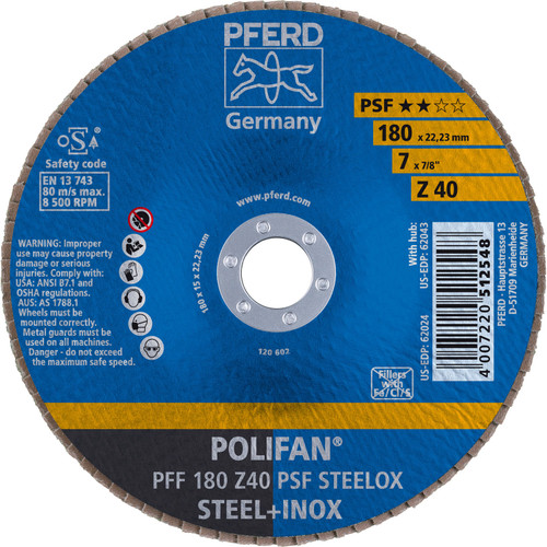 PFERD 62024 7" x 7/8" POLIFAN Flap Disc - Flat PSF Zirconia 40G