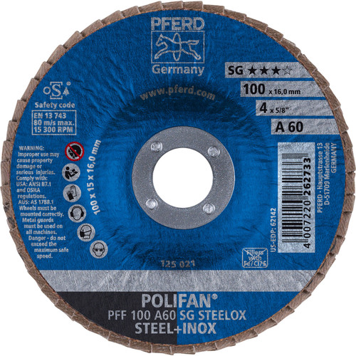 PFERD 62142 4" x 5/8" POLIFAN Flap Disc - Flat SG Aluminum Oxide 60G