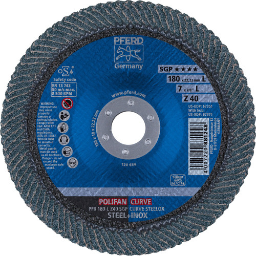 PFERD 67351 7" x 7/8" POLIFAN CURVE Flap Disc SGP Zirconia 40G Large Radius