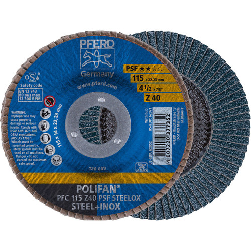 PFERD 62052 4-1/2" x 7/8" POLIFAN Flap Disc - Conical PSF Zirconia 40G