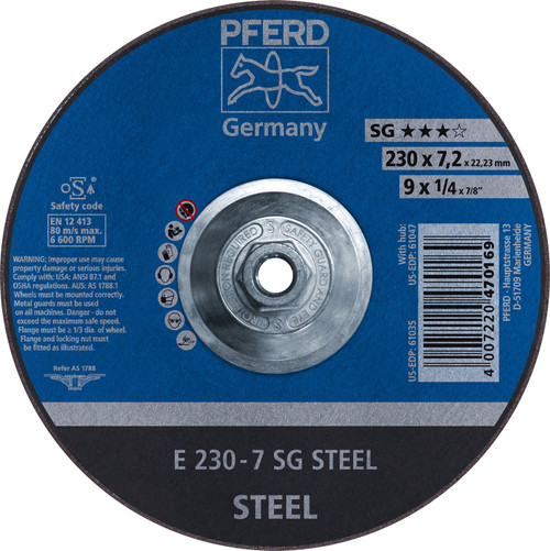 PFERD 61047 9" x 1/4" Grinding Wheel, 5/8-11 Thd. A 24 R SG - Type 27