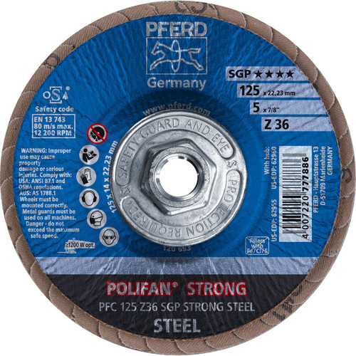 PFERD 62960 5" x 5/8-11 POLIFAN-STRONG Flap Disc SGP Conical Zirconia 36G