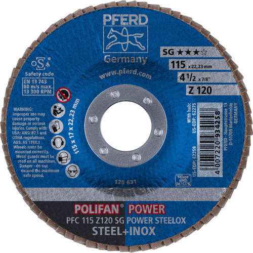 PFERD 62259 4-1/2" x 7/8" POLIFAN Flap Disc - Conical SG Zirconia 120G