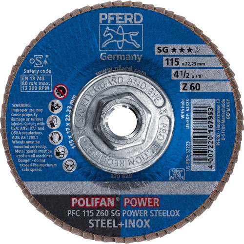 PFERD 62323 4-1/2" x 5/8-11 POLIFAN Flap Disc - Conical SG Zirconia 60G