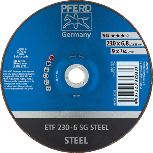 PFERD 61702 9" x 1/4" Grinding Wheel, 7/8" AH T28 A 24 R SG - Saucer