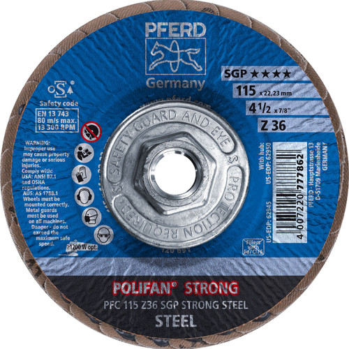 PFERD 62950 4-1/2" x 5/8-11 POLIFAN-STRONG Flap Disc SGP Conical Zirconia 36G