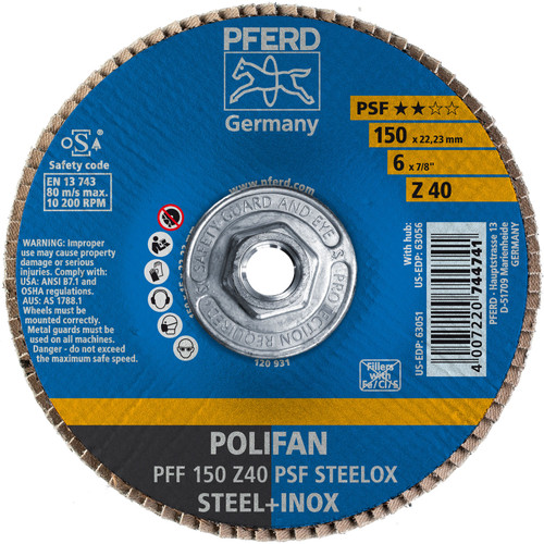 PFERD 63056 6" x 5/8-11 POLIFAN Flap Disc - Flat PSF Zirconia 40G