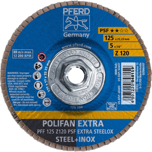 PFERD 60497 5" x 5/8-11 POLIFAN Flap Disc - Flat PSF-EXTRA Zirconia 120G