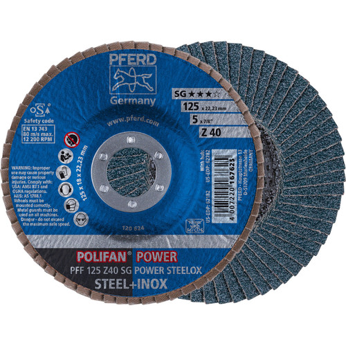 PFERD 62182 5" x 7/8" POLIFAN Flap Disc - Flat Z SG POWER STEELOX Zirconia 40G