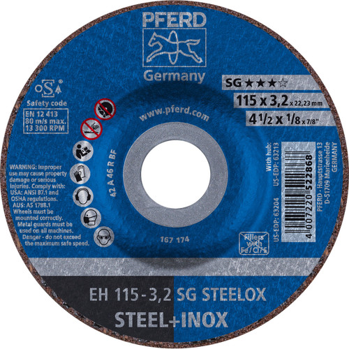 PFERD 63204  - 4-1/2" x 1/8" Cut-Off Wheel 7/8" AH A 46 R SG-INOX - Type 27