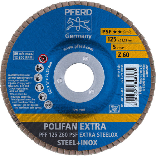 PFERD 60467 5" x 7/8" POLIFAN Flap Disc - Flat PSF-EXTRA Zirconia 60G