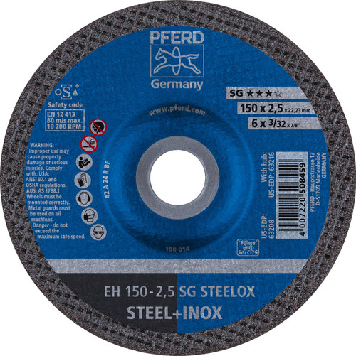 PFERD 63208 6" x 3/32" Cut-Off Wheel, 7/8" AH A 24 R SG-INOX - Type 27