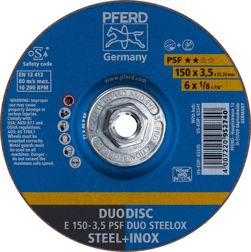 PFERD 63341 6" x 1/8" DUODISC Wheel 5/8-11 Thd. A 46 P PSF-INOX Type 27